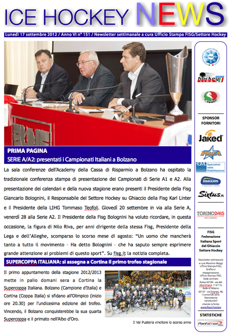 Newsletter Hockey del 17 settembre 2012